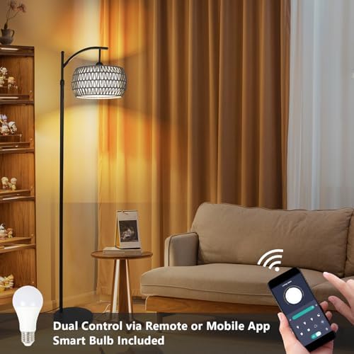 Arc Floor Lamp for Bedroom, Boho Standing Lamp with Remote & LED Smart Bulb, Rattan Floor Lamps for Living Room with 3 Color Temperatures, Height Adjustable Corner Tall Lamp, Stand up Light for Office - Image 5