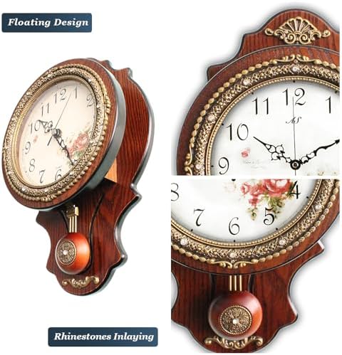 Aero Snail Wall Clock with Swinging Pendulum, Retro Style Silent Clock with Crystal Decoration, Vintage Decor European Victoria Wood Clock for Indoor Bedroom Living Room, W166-1A - Image 5