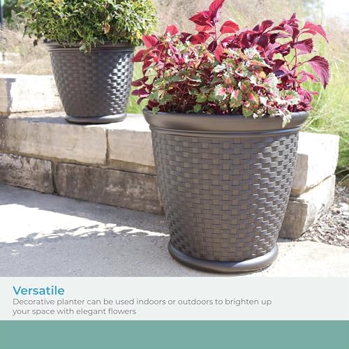 Suncast Sonora 22 Inch Plastic Wicker Indoor or Outdoor Decorative Garden Flower Planter for Entryways, Porch, and Backyard Patios, Dark Brown - Image 6