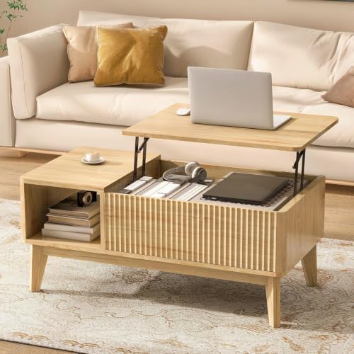 LYNCOHOME Fluted Lift Top Coffee Table with Storage, Modern Coffee Table for Living Room, Home Office(Natural) by LYNCOHOME