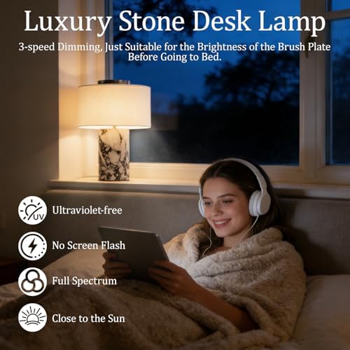 Cordless Marble Table Lamp with USB Port Rechargeable Battery Operated,Bedroom Nightstand Stone Base Touch Dimmable Night Light End Linen Lamp Shades for Side Contemporary Coastal Living Room - Image 3