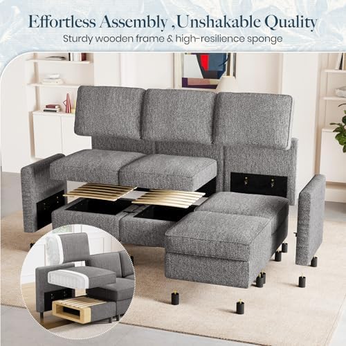 Belffin 84.3" 9 Seats Sleeper Sofa Modular Sectional Sofa Washable Sectional Couches for Living Room Comfy Couches with Storage Seat Couch Sofas with Chaise,Grey - Image 5