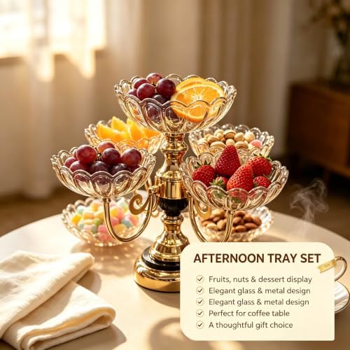 Rotatable 5 Plate Amber Electroplated Glass Fruit Serving Stand 1 Large Fixed Bowl 4 Rotatable Small Bowls Gold Metal Snack Tray Decorative Candy Nut Dessert Display for Dining Table Home Party Decor - Image 6