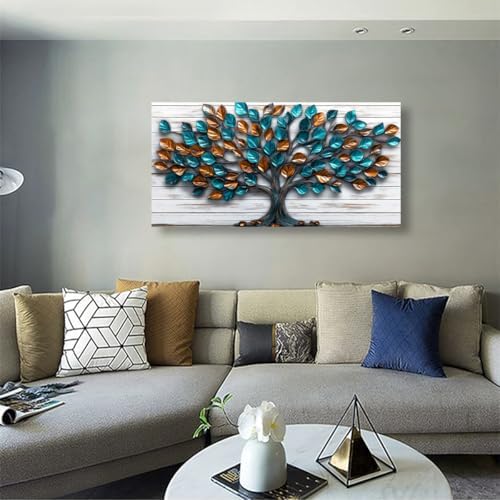 Tree Nature Wall Art Bedroom Abstract Wall Decor Living Room,Tree of Life Canvas Wall Art Office Farmhouse Paintings Artwork Modern Teal Golden Leaves Wall Art Prints Pictures 20 * 40inch - Image 7