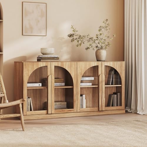 BELLEZE Bijou 64" Arched Glass Door Sideboard, Accent Buffet Cabinet with Storage and Adjustable Shelves, Classic Modern Large Console Table for Dining Room Living Room Entryway - Camel by BELLEZE