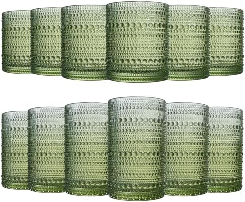 Khen Hobnail Beaded Highball Drinking Tumbler Glasses | Set of 12 | Color, Vintage Bubble Design Whiskey Glassware, Old-Fashioned, Embossed Design for Water Wine, Cocktail Embossed Heavy Glass (Green) by Khen