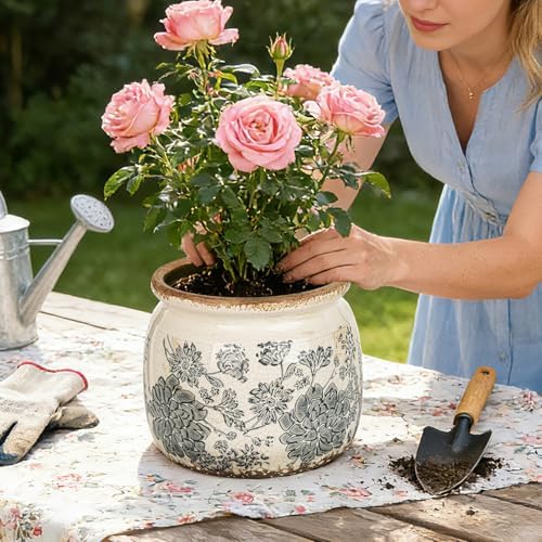 Sungmor 2 Pack Farmhouse Ceramic Planters, Tuscan Decor, Green & Grey - Image 3