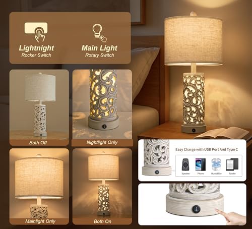 OYEARS 22'' Farmhouse Table Lamp for Living Room, Bedside Lamp with 2 USB Ports for Bedroom, Rustic Nightstand Lamp with Linen Lampshade for Office Hallway Home Decor, Distressed Grey (Bulb Included) - Image 3