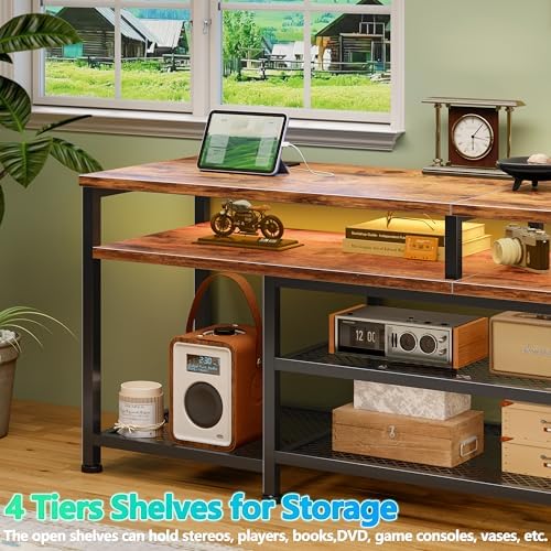 Furologee 63 Inch TV Stand with Power Outlets & LED Lights, Rustic Brown - Image 5