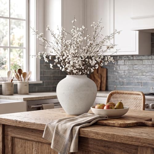 Large Round White Vase with Pottery Look, Metal Rustic Vase for Flowers - Image 3