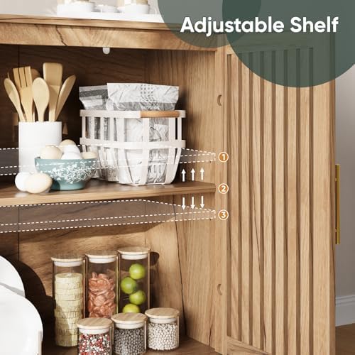 Smart FENDEE Sideboard Cabinet, 31.5" W Farmhouse Buffet Cabinet with Slatted Doors & Adjustable Shelf, Wooden Coffee Bar Storage Station for Kitchen, Dining Room, Living Room, Entryway, Natural - Image 4