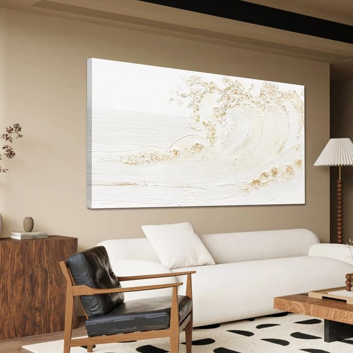 White Wall Art Decor Canvas Art Wall Decor Large Modern Wall Art Silent Waves With Gold Wall Painting Decorations Artwork Wall Art Prints For Room Living Room Bedroom Office 29x58 Inch by TQJYILUFAART
