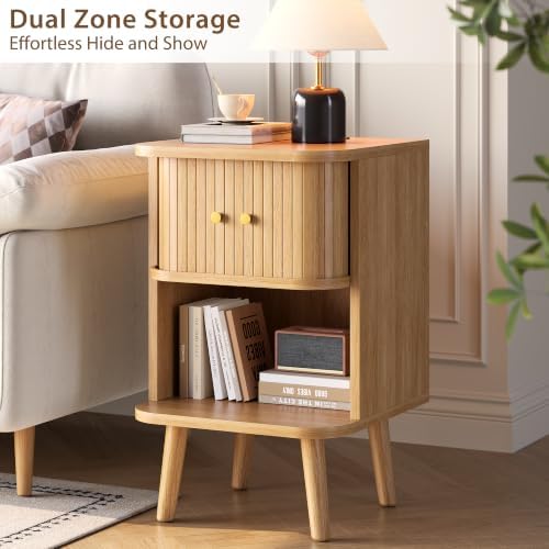 Decofy Fluted Nightstand with Charging Station & Sliding Door, Oak - Image 4