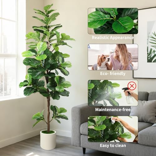 6FT Artificial Fiddle Leaf Fig Tree with White Planter & Fake Moss, Realistic Faux Ficus Lyrata Floor Plant for Indoor Home Office Decor, Housewarming Gift - Image 4