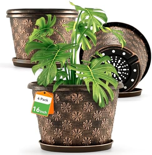 16 Inch Planter Pots for Plants, Plastic Large Flower Pots Indoor Outdoor, 4 Pack Resin Plant Pot with Drainage & Saucer, Retro Decorative Garden Pot with Removable Trays for House by FlowyypoPlantPot