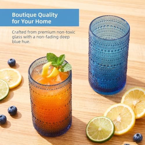 Vintage Hobnail Drinking Glasses Set of 6, 16 oz Large Capacity Embossed BlueTumblers, Highball Glasses for Water, Cocktail, Beer, Whiskey, Kitchen & Bar Use - Image 4