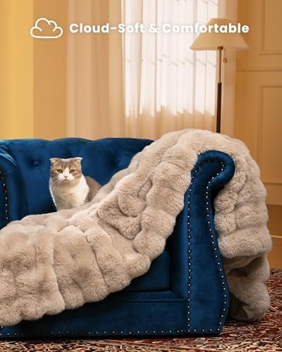 Ultra Soft Cozy Faux Fur Throw Blanket, Fuzzy Plush Thick Bubble Blanket, Oversize Luxury Fluffy Blanket for Couch, Bed, and Living Room, 60x80 Inches, Light Brown - Image 5
