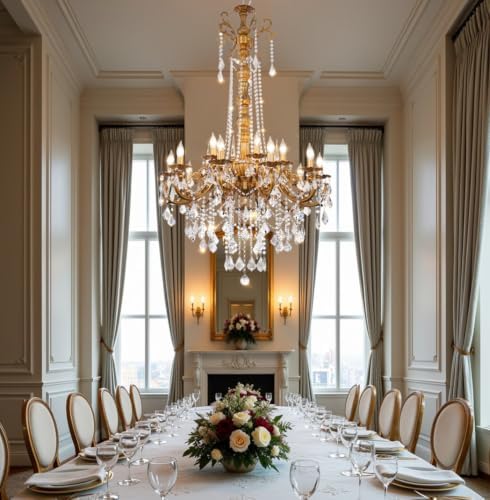 Gold Crystal Chandelier, Antique Gold Candle Chandelier High Ceiling H54" - Image 2