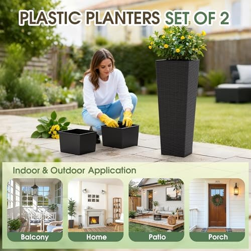 Greesum 32 Inch Tall Plastic Planters with Rattan Texture – Set of 2, Black - Image 6