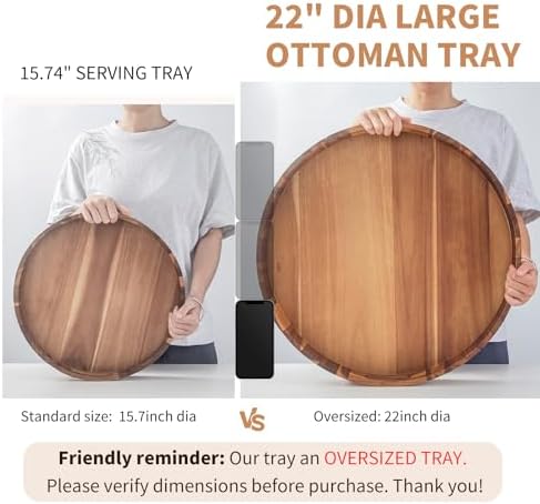 Extra Large Round Ottoman Coffee Table Tray, 22" Big Kitchen Serving Trays for Huge Ottoman Counter Giant Decorative Organizer, Huge Wood Serveware Tray with Built-in Handle for Big Job - Image 2