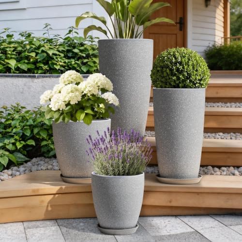 ZMTECH 4 Pack Plastic Planters 21/18/12/10in, Indoor Outdoor Round Planter for Porch, Large Plant Pot with Drainage Hole for Home Garden Front Door, Modern Decorative Pots for Plants (Light Gray) - Image 6