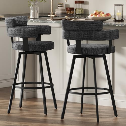 30 Inch Bar Stools Set of 2 with Full Back, Swivel Bar Chairs with Linen Padded Back, Metal Footrest, Modern Bar Height Stools for Kitchen Island, Dining, Living Room, Black by FERFALDER
