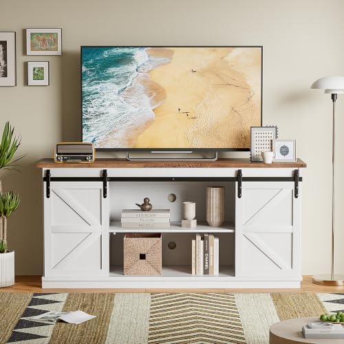 JUMMICO TV Stand for 65 Inch TV, Sliding Barn Doors, White - Image 2