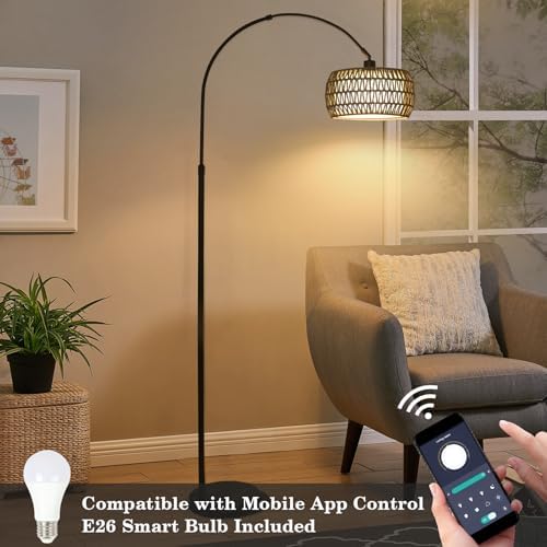 Arc Standing Lamp, Boho Floor Lamps for living room with Remote and LED Dimming Bulb, Rattan Tall Lamp for Bedroom with 3 Color Temperatures, Height Adjustable Farmhouse Stand up Light for Office - Image 6
