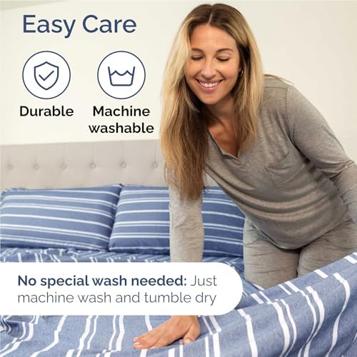 Full Size 4 Piece Sheet Set - Breathable & Cooling Sheets - Blue Stripes - Image 6