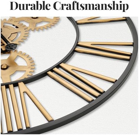 Cuspin 24 Inch Wall Clock Black Gold Industrial Metal Gear Decorative Clock - Image 4