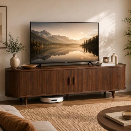 MXV 70" Mid-Century Modern TV Consoles with Sliding Doors, TV Stand with Power Outlet, Fluted Entertainment Center with Adjustable Shelves, for Living Room by Unknown