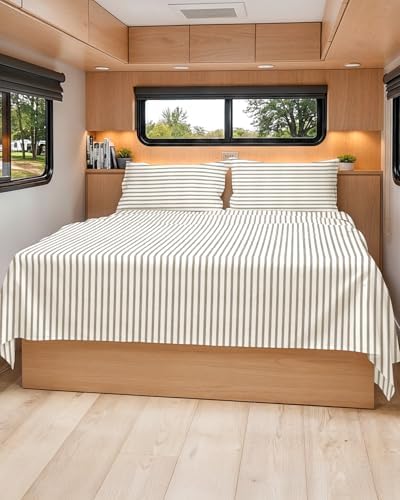 Short Queen Size 4 Piece Bed Sheet Set - RV Short Queen - Beige Stripes by CGKUnlimited