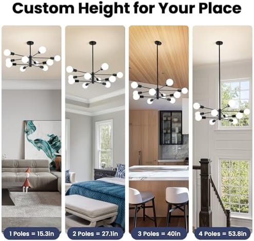 RUIYEY Modern Sputnik Chandeliers Light, 10-Light Black Chandeliers for Dining Room, E26 Height Adjustable Chandelier Ceiling Lighting Fixture for Farmhouse Kitchen Island Living Room Foyer - Image 3