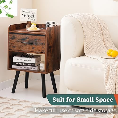 Yoobure Night Stand with Fabric Drawer, Modern Nightstand, Bedside Tables, Mid Century Nightstands with Open Storage Shelf, Wood Bedside Table, Small Night Stands for Bedrooms, 2-Tier Night Table - Image 6