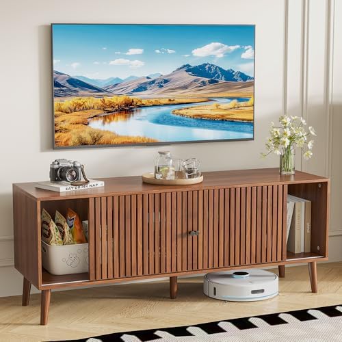 Oubayajia Mid Century Modern TV Stand for Televisions up to 60 Inches, with Sliding Doors and Storage, Television Stands, TV Consoles, Media Consoles for Living Room(Walnut-51.2inch) - Image 5