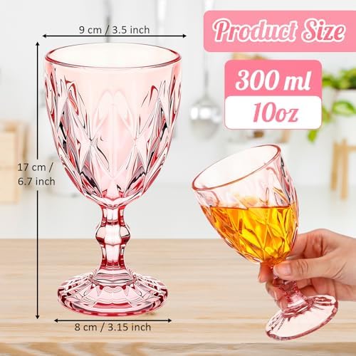 Yinder Glass Goblet Vintage Wine Goblet Embossed Glassware 10 oz Solid Color Glass Stemmed Cups for Iced Tea Beverage Soda Juice Water Liquor and Party Wedding Bars Restaurants(Pink,6 Pack) - Image 3