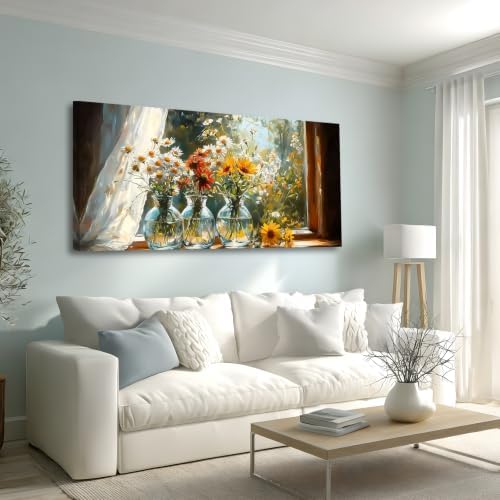 Sunflower Daisy Window Wall Art Glass Vase Wildflower Wall Docor Bright Morning Window Floral Artwork Soft Cottage Farmhouse Wall Decor for Living Room Bedroom Kitchen Ready to Hang 20x40 In by HaichuangDecorArt