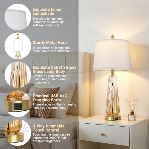 Glass Table Lamps Set of 2, Modern Bedside Lamps for Bedrooms with 3-Way Dimmable Touch Control Nightstand Lamp with White Lampshade USB A+C Ports, 27.5" Large Lamps for Living Room Decor, Champagne - Image 3