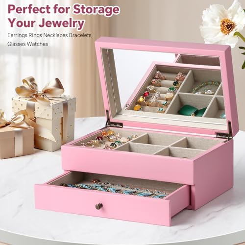 Meangood Jewelry Box Organizer for Women, 2 Layer Large Jewelry Storage Case, Rustic Wooden Jewelry Box with Mirror & Ring Tray for Necklace Earring Bracelets Rings, Vintage Style (Pink) - Image 2