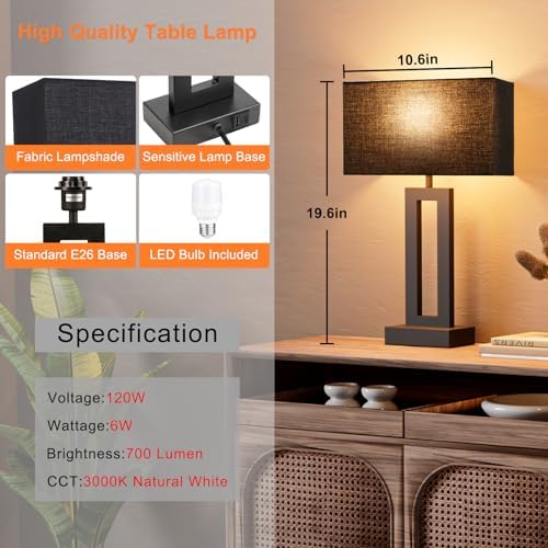 Seealle Nightstand Table Lamps for Bedrooms Set of 2 - Touch Bedside Lamp with USB C+A, 3 Way Dimmable Living Room End Tables 2, Modern Night Stand Bed Side Guest Room(Black) E. Black - Image 6