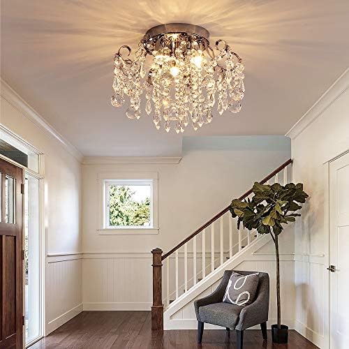Q&S Small Crystal Chandelier Flush Mount Ceiling Light 3 Lights Modern Chrome Iron Raindrop Crystal Ceiling Fixture for Bedroom Hallway Closet Entryway Stairs - Image 6
