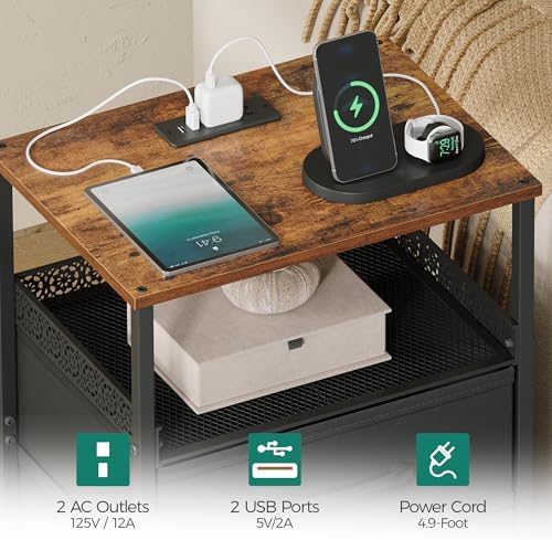 JARHETUN Nightstand Set of 2, Night Stands with Charging Station, 26.4 Inch Tall Bedside Table with Metal Shelf, Modern Side End Table with 3 Fabirc Drawers, Small Dresser for Bedroom, Rustic Brown - Image 4