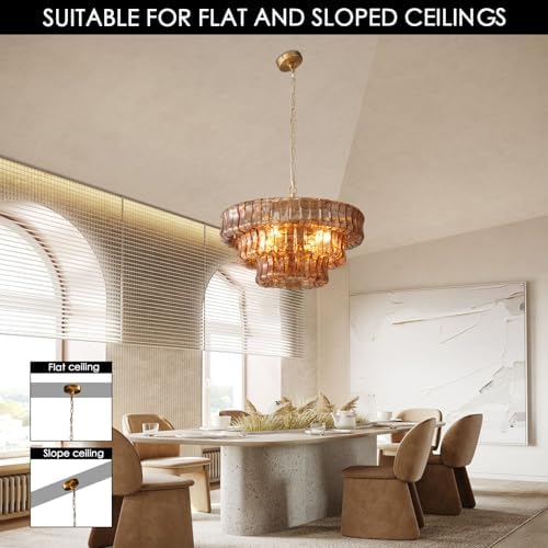 YIOSI Modern Amber Glass Chandelier，23" Gold Round Chandelier for Dining Room, 4-Light Round Drum Kitchen Island Hanging Light Fixture Perfect for Living Room, Bedroom,Kitchen, Foyer - Image 5
