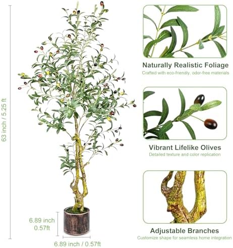 5FT Artificial Olive Tree Indoor - Lifelike Fake Olive Tree with Branches, Leaves & Fruits, Realistic Faux Tree for Bathroom, Office, Bedroom Decor, Compact Home Decor Plants - Image 2