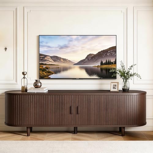 MXV 65" TV Stand with Sliding Doors for Living Room, Mid Century Modern Entertainment Center, TV Console with Fluted Door Cabinets and Power Outlet, Walnut - Image 2