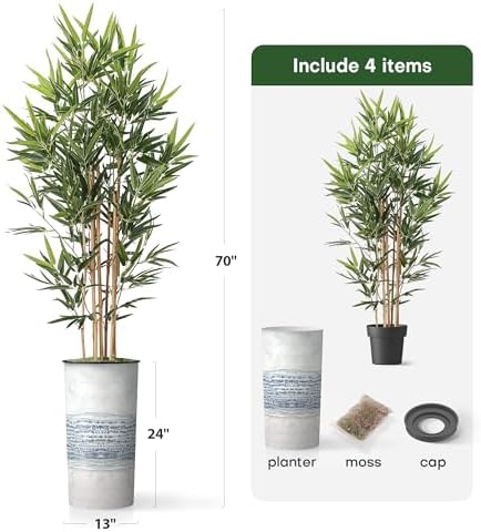 Artificial Tree in Blue Gray Industrial Line Pattern Planter, Fake Bamboo Silk Tree for Indoor and Outdoor Home Decoration - 70" Overall Tall (Plant Pot Plus Tree) - Image 5