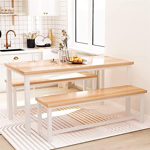 Dining Room Table Set with 2 Benches, Farmhouse Dining Table Set for 4, Wood Breakfast Dinner Table Set for Breakfast Nook Small Spaces, Beige by LinkRomat