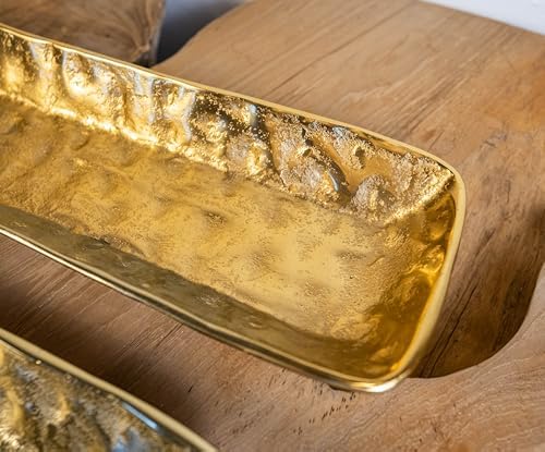 Set of 2 Hand-Hammered Gold Aluminum Trays – 18" & 14" Long Decorative Metal Serving Platters – Luxe Narrow Centerpiece Bowls for Console, Vanity, or Holiday Table – Modern Rustic Décor - Image 2