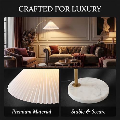 63 Inch Arc Floor Lamp with White Pleated Fabric Shade, Dimmable Standing Lamp with Marble Base, Rotatable Pivot Shade, Foot Switch,for Living Room Bedroom Office Sofa Corner. - Image 6