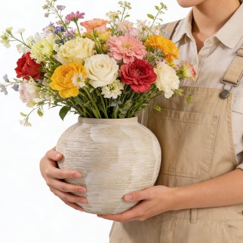 Rustic Ceramic Vintage Farmhouse Vase for Decor (Large Ribbed Whitewash) - Image 2